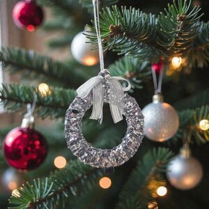 Holiday Lane Wreath Christmas Ornament Silver Ribbon Bow Bell Sequin Holiday 5"